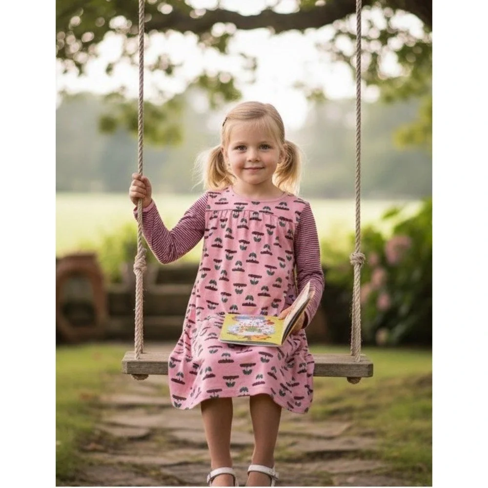 Hanna Andersson Girls Dress Size‎ 130 Pink Floral Stripe Cotton Long Sleeve